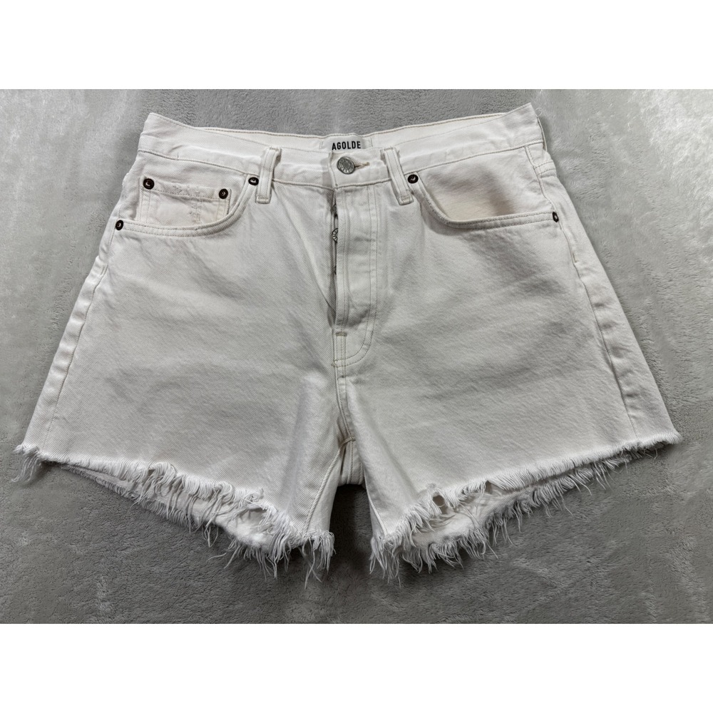 Agolde Womens Parker Long Frayed Hem White Denim Shorts 27 Meas: 28x4